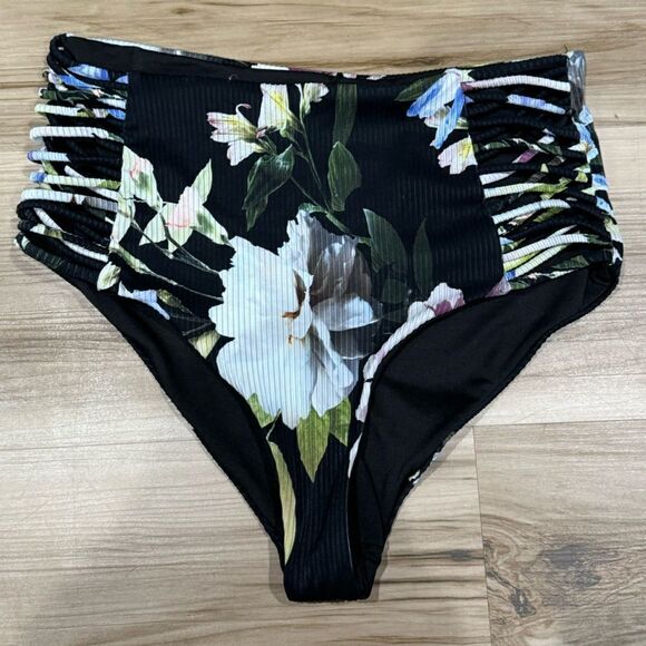Tinibikini Black High Waisted Floral Bikini Bottom Women’s Small - Picture 1 of 2